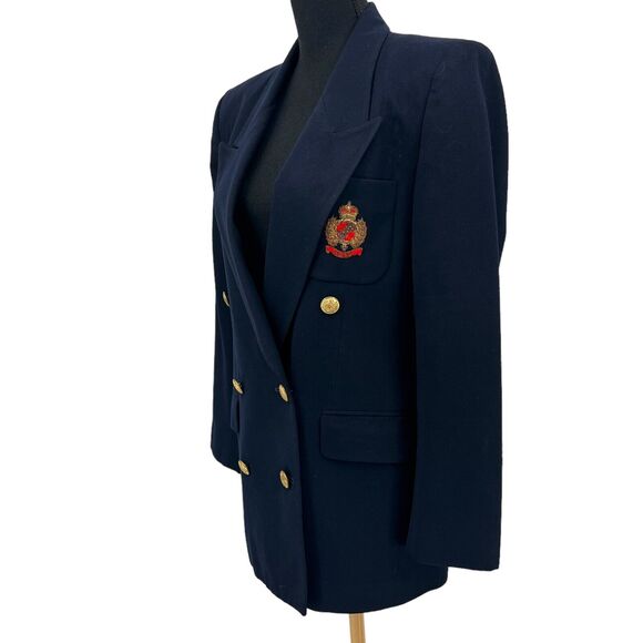 Charter Club Vintage Navy Blue 100% Wool Double Breasted Beaded Crest Blazer 4 - Picture 3 of 9